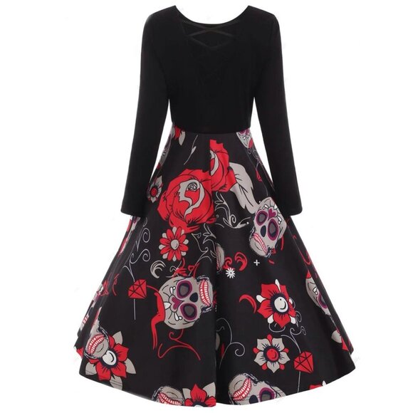 Sugar Skull Gothic Halloween Dress – Criss-Cross Back Long Sleeve Red Black | 2X - Picture 4 of 8